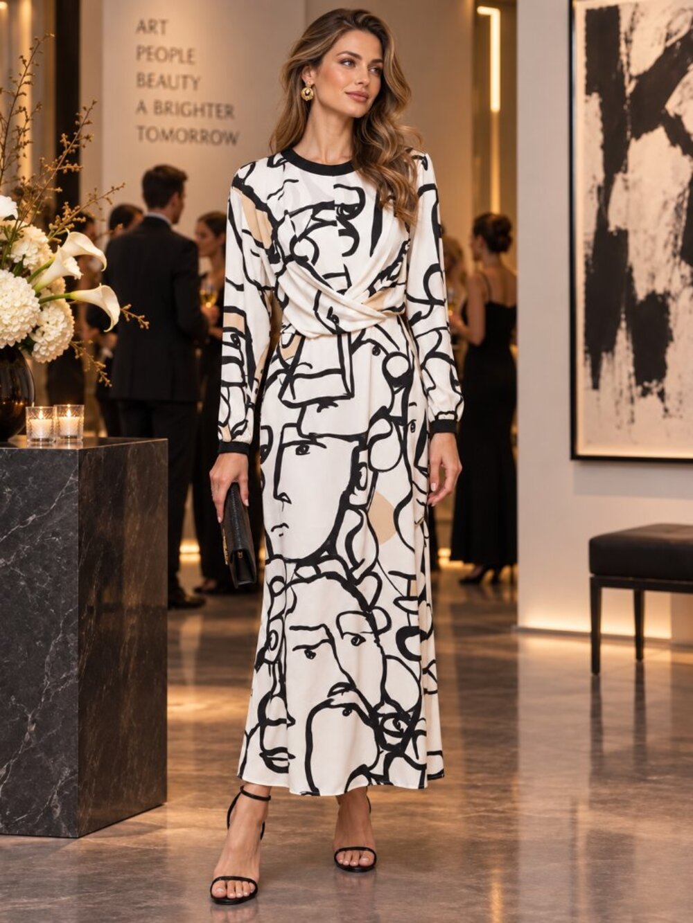 NWT Armani Exchange Abstract Face Print Draped Maxi Dress Size 10
